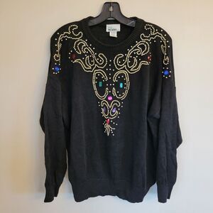 Vintage 80's Retro Mister Noah Plus Black Beaded & Bling Winter Sweater